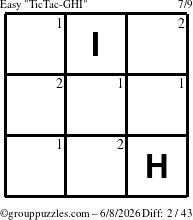 The grouppuzzles.com Easy TicTac-GHI puzzle for Monday June 8, 2026 with the first 2 steps marked