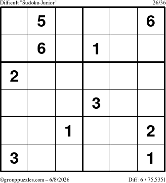 The grouppuzzles.com Difficult Sudoku-Junior puzzle for Monday June 8, 2026