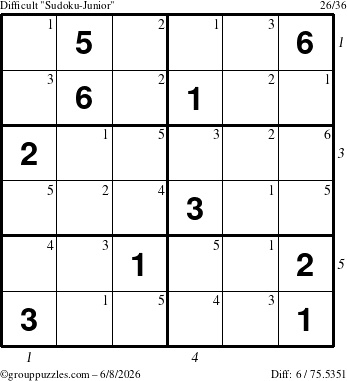 The grouppuzzles.com Difficult Sudoku-Junior puzzle for Monday June 8, 2026, suitable for printing, with all 6 steps marked