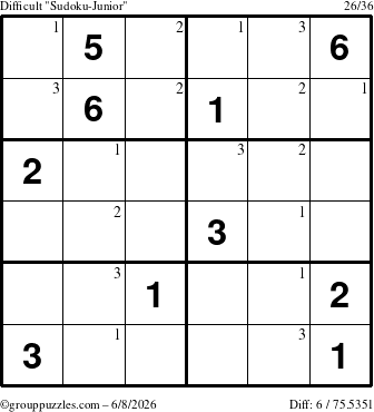 The grouppuzzles.com Difficult Sudoku-Junior puzzle for Monday June 8, 2026 with the first 3 steps marked