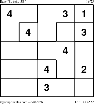 The grouppuzzles.com Easy Sudoku-5B puzzle for Monday June 8, 2026