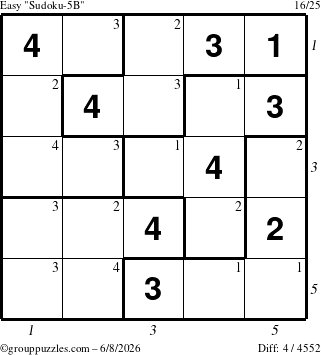The grouppuzzles.com Easy Sudoku-5B puzzle for Monday June 8, 2026, suitable for printing, with all 4 steps marked