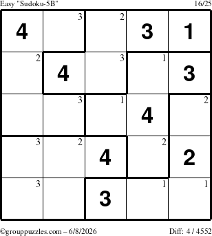 The grouppuzzles.com Easy Sudoku-5B puzzle for Monday June 8, 2026 with the first 3 steps marked