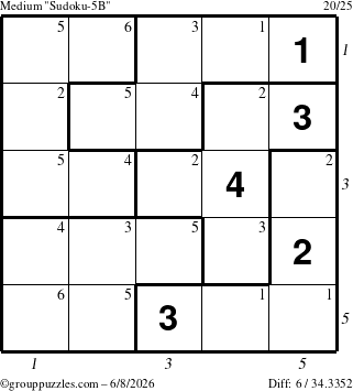 The grouppuzzles.com Medium Sudoku-5B puzzle for Monday June 8, 2026, suitable for printing, with all 6 steps marked