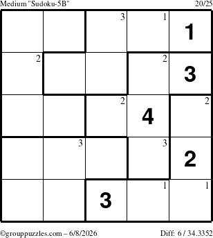The grouppuzzles.com Medium Sudoku-5B puzzle for Monday June 8, 2026 with the first 3 steps marked