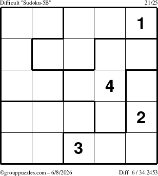 The grouppuzzles.com Difficult Sudoku-5B puzzle for Monday June 8, 2026