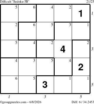 The grouppuzzles.com Difficult Sudoku-5B puzzle for Monday June 8, 2026 with all 6 steps marked