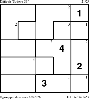 The grouppuzzles.com Difficult Sudoku-5B puzzle for Monday June 8, 2026 with the first 3 steps marked