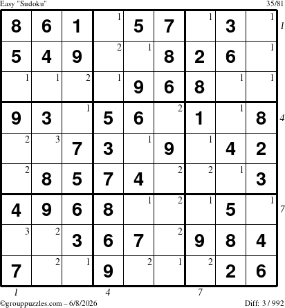 The grouppuzzles.com Easy Sudoku puzzle for Monday June 8, 2026, suitable for printing, with all 3 steps marked