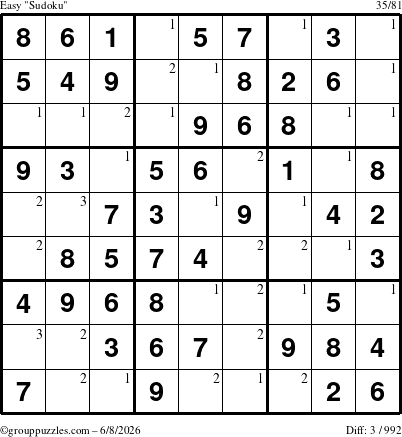 The grouppuzzles.com Easy Sudoku puzzle for Monday June 8, 2026 with the first 3 steps marked