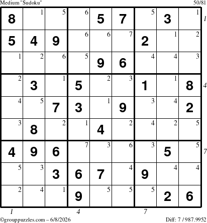 The grouppuzzles.com Medium Sudoku puzzle for Monday June 8, 2026, suitable for printing, with all 7 steps marked