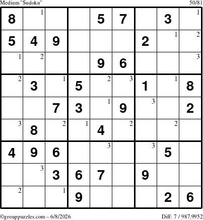 The grouppuzzles.com Medium Sudoku puzzle for Monday June 8, 2026 with the first 3 steps marked