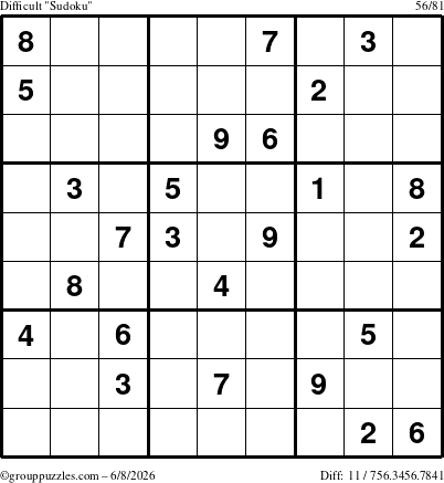 The grouppuzzles.com Difficult Sudoku puzzle for Monday June 8, 2026