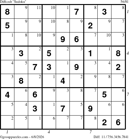 The grouppuzzles.com Difficult Sudoku puzzle for Monday June 8, 2026 with all 11 steps marked