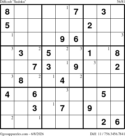 The grouppuzzles.com Difficult Sudoku puzzle for Monday June 8, 2026 with the first 3 steps marked