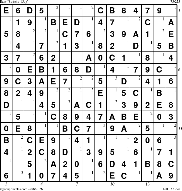 The grouppuzzles.com Easy Sudoku-15up puzzle for Monday June 8, 2026, suitable for printing, with all 3 steps marked
