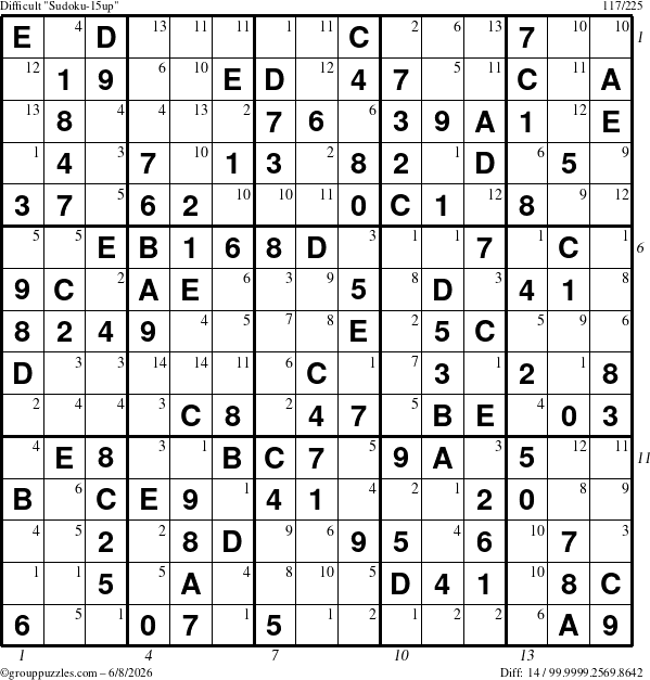 The grouppuzzles.com Difficult Sudoku-15up puzzle for Monday June 8, 2026 with all 14 steps marked