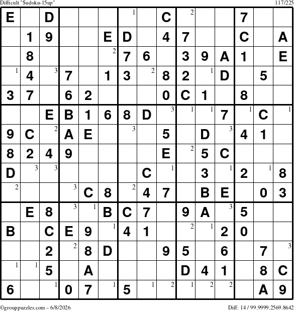 The grouppuzzles.com Difficult Sudoku-15up puzzle for Monday June 8, 2026 with the first 3 steps marked