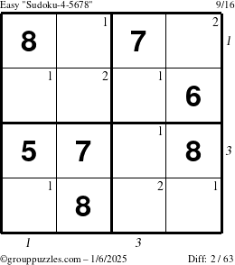 The grouppuzzles.com Easy Sudoku-4-5678 puzzle for Monday January 6, 2025 with all 2 steps marked