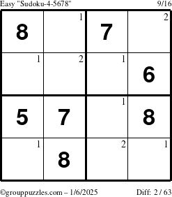 The grouppuzzles.com Easy Sudoku-4-5678 puzzle for Monday January 6, 2025 with the first 2 steps marked