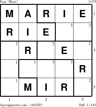 The grouppuzzles.com Easy Marie puzzle for Monday January 6, 2025 with all 3 steps marked