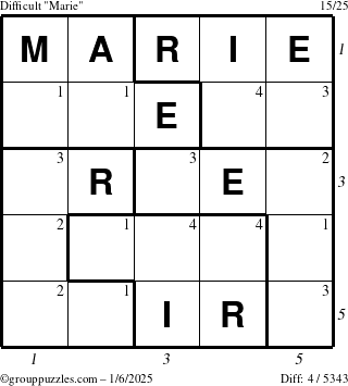 The grouppuzzles.com Difficult Marie puzzle for Monday January 6, 2025 with all 4 steps marked