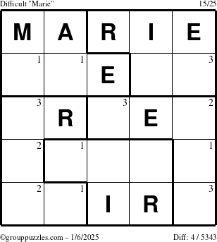 The grouppuzzles.com Difficult Marie puzzle for Monday January 6, 2025 with the first 3 steps marked