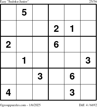 The grouppuzzles.com Easy Sudoku-Junior puzzle for Monday January 6, 2025