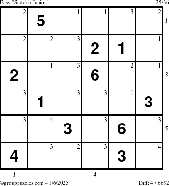 The grouppuzzles.com Easy Sudoku-Junior puzzle for Monday January 6, 2025 with all 4 steps marked