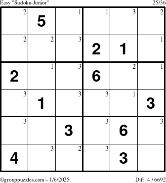 The grouppuzzles.com Easy Sudoku-Junior puzzle for Monday January 6, 2025 with the first 3 steps marked