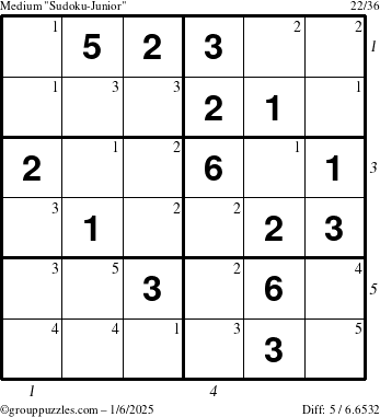 The grouppuzzles.com Medium Sudoku-Junior puzzle for Monday January 6, 2025 with all 5 steps marked