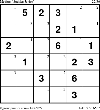 The grouppuzzles.com Medium Sudoku-Junior puzzle for Monday January 6, 2025 with the first 3 steps marked