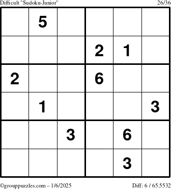 The grouppuzzles.com Difficult Sudoku-Junior puzzle for Monday January 6, 2025