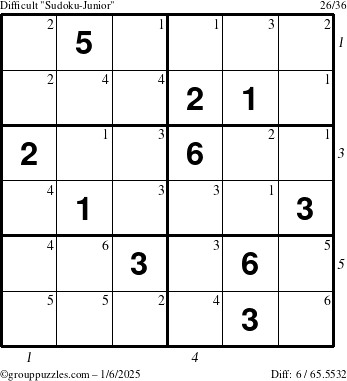 The grouppuzzles.com Difficult Sudoku-Junior puzzle for Monday January 6, 2025 with all 6 steps marked