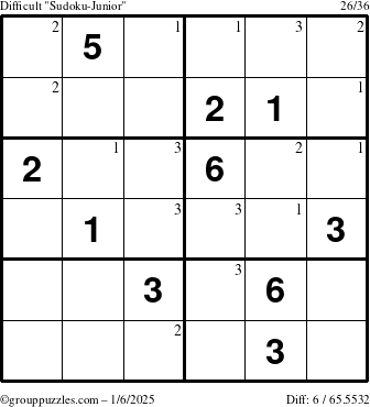 The grouppuzzles.com Difficult Sudoku-Junior puzzle for Monday January 6, 2025 with the first 3 steps marked