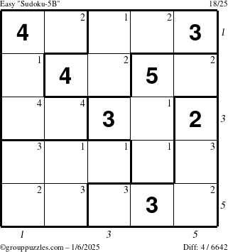 The grouppuzzles.com Easy Sudoku-5B puzzle for Monday January 6, 2025 with all 4 steps marked