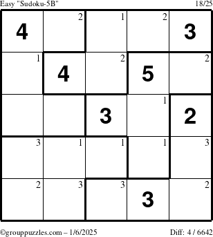 The grouppuzzles.com Easy Sudoku-5B puzzle for Monday January 6, 2025 with the first 3 steps marked