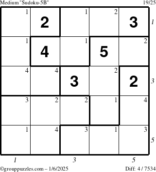 The grouppuzzles.com Medium Sudoku-5B puzzle for Monday January 6, 2025 with all 4 steps marked