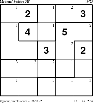 The grouppuzzles.com Medium Sudoku-5B puzzle for Monday January 6, 2025 with the first 3 steps marked