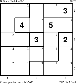 The grouppuzzles.com Difficult Sudoku-5B puzzle for Monday January 6, 2025 with all 5 steps marked