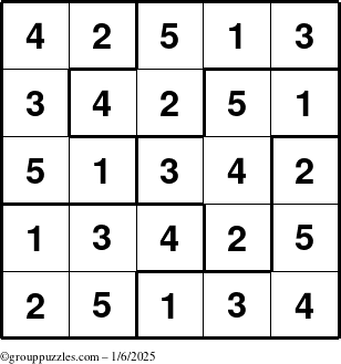 The grouppuzzles.com Answer grid for the Sudoku-5B puzzle for Monday January 6, 2025