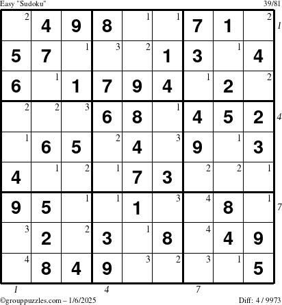 The grouppuzzles.com Easy Sudoku puzzle for Monday January 6, 2025 with all 4 steps marked