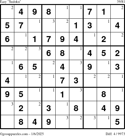 The grouppuzzles.com Easy Sudoku puzzle for Monday January 6, 2025 with the first 3 steps marked