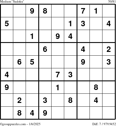 The grouppuzzles.com Medium Sudoku puzzle for Monday January 6, 2025