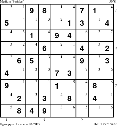 The grouppuzzles.com Medium Sudoku puzzle for Monday January 6, 2025, suitable for printing, with all 7 steps marked