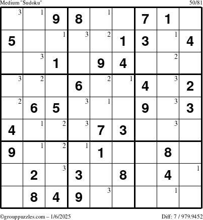 The grouppuzzles.com Medium Sudoku puzzle for Monday January 6, 2025 with the first 3 steps marked