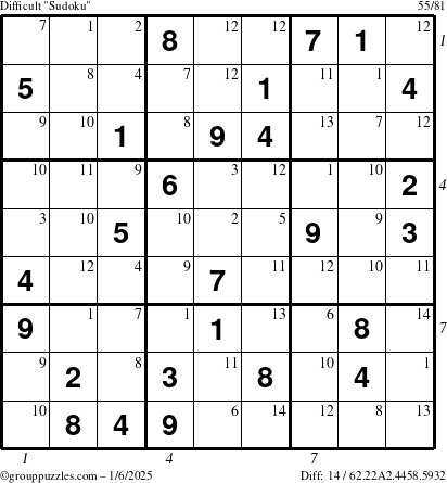 The grouppuzzles.com Difficult Sudoku puzzle for Monday January 6, 2025 with all 14 steps marked