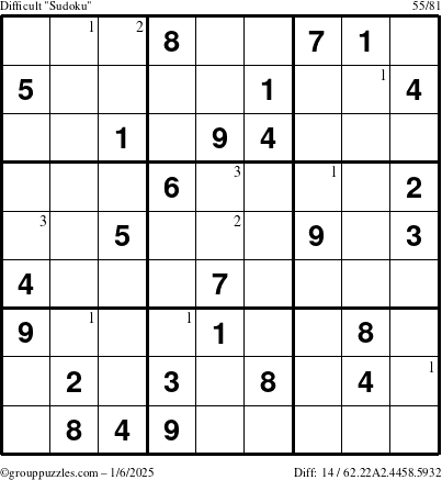 The grouppuzzles.com Difficult Sudoku puzzle for Monday January 6, 2025 with the first 3 steps marked