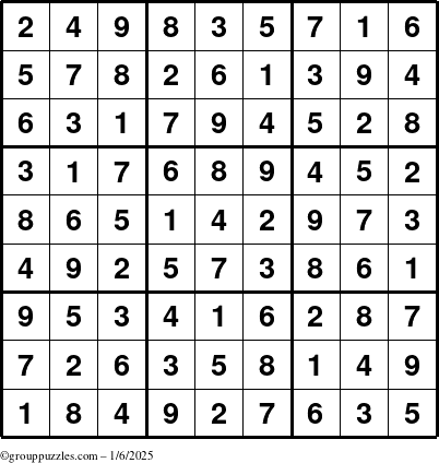 The grouppuzzles.com Answer grid for the Sudoku puzzle for Monday January 6, 2025