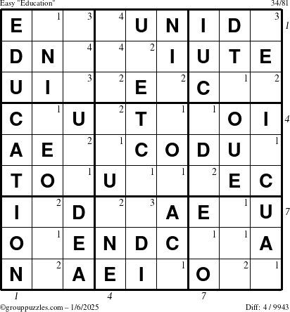 The grouppuzzles.com Easy Education-c1 puzzle for Monday January 6, 2025 with all 4 steps marked